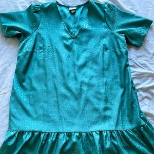 Leopard print, light teal knee length dress, satin materi